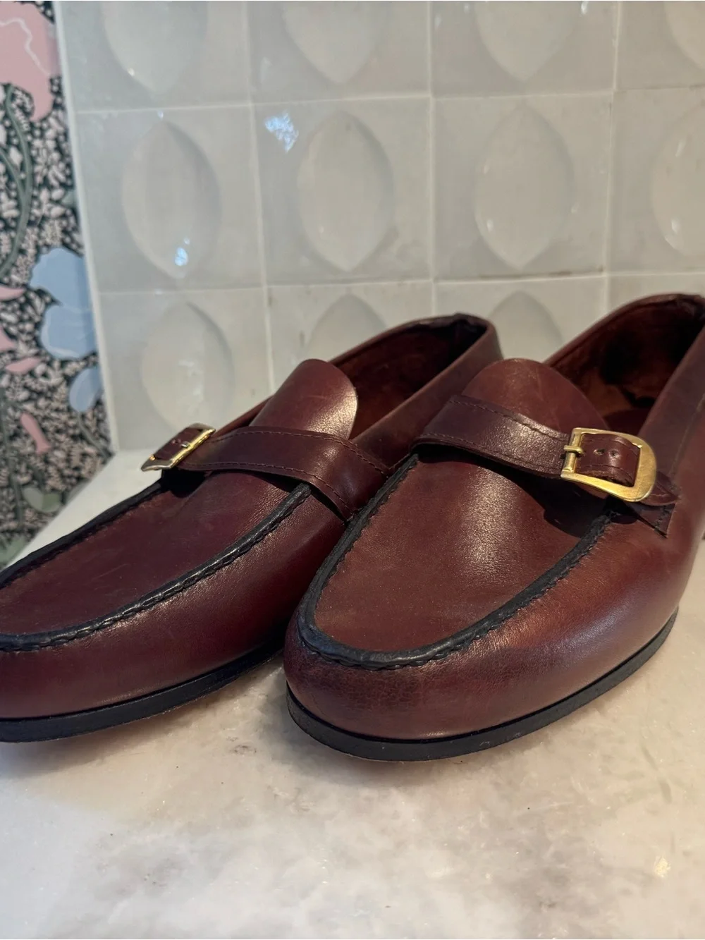 Men's Hand Made Leather Buckle Loafers in Mahogany Brown
